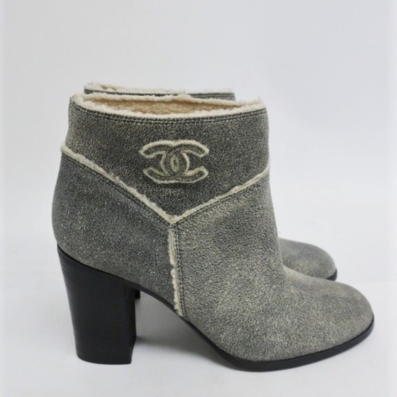Chanel Shoes - Chanel Shearling CC Ankle Boots Gray Distressed
